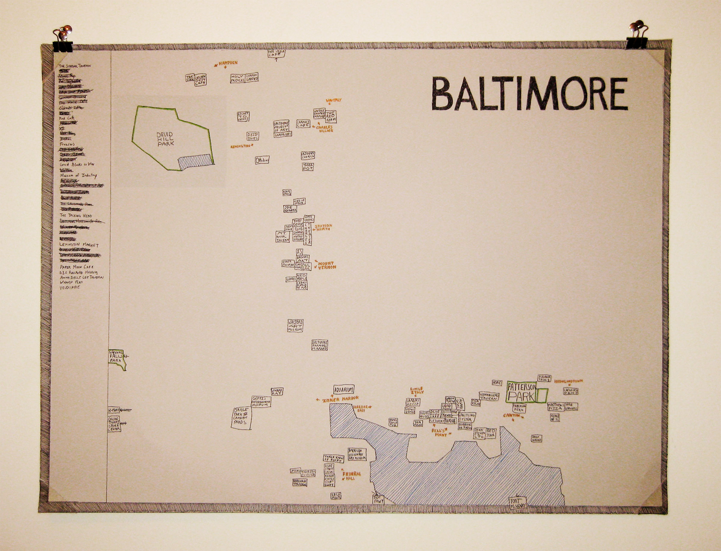 hand drawn map of baltimore showing different locations as small rectangles