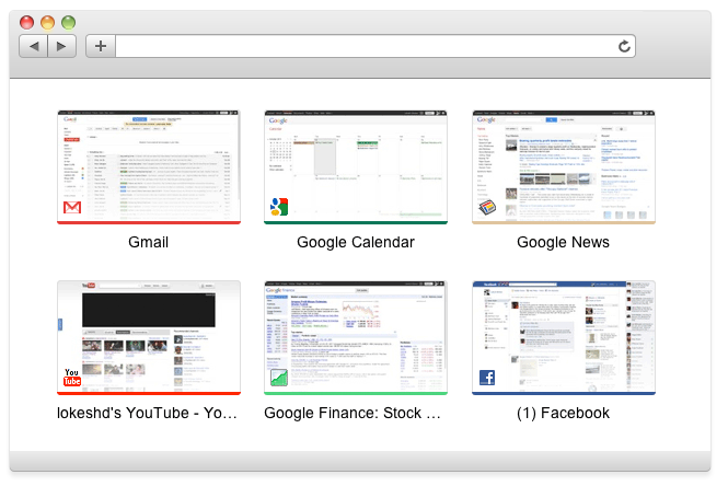 chrome_home_tab size screenshots of websites with favicons on top and bottom borders colored with the favicon dominant color