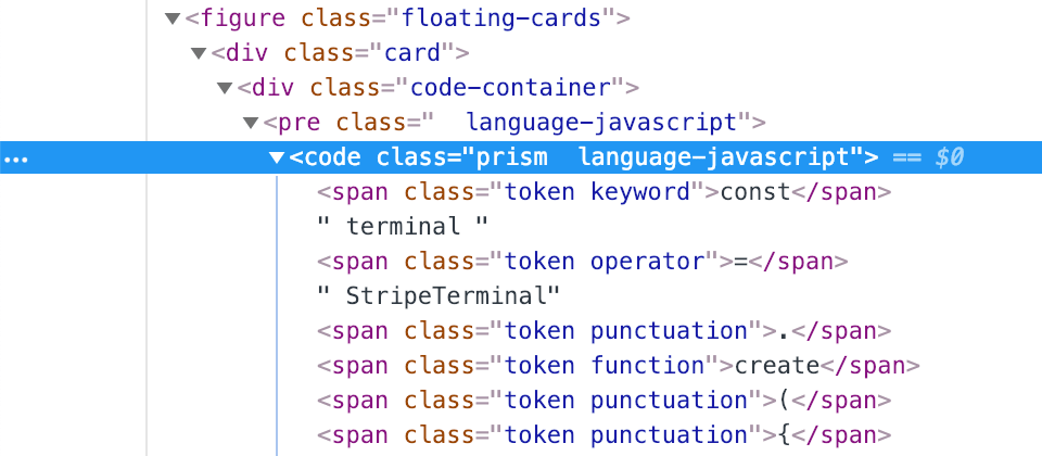 Chrome dev tools showing prism class applied to code tag.