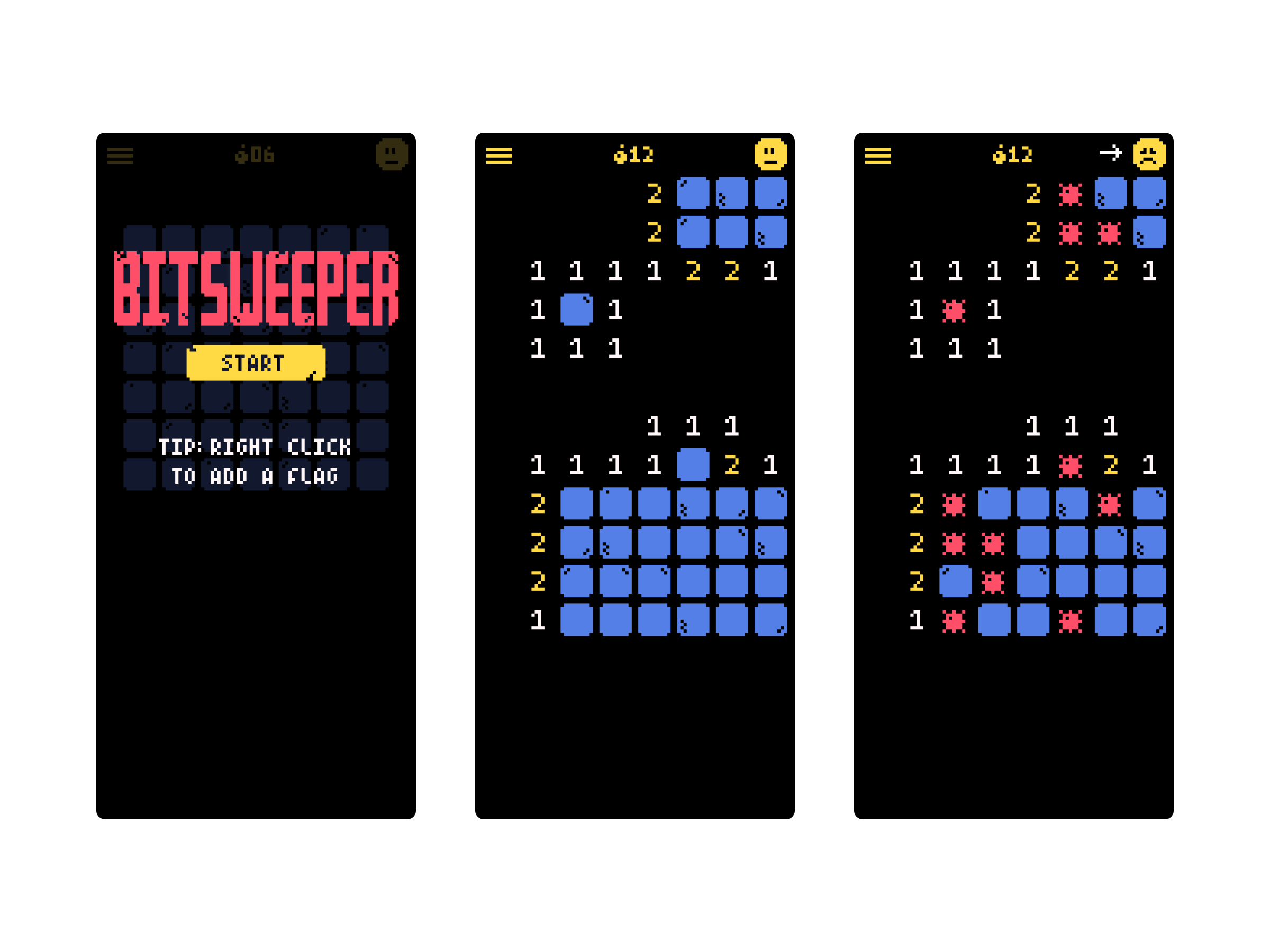 three screenshots of a mobile web game similar to Minesweeper, showing blocks on a grid, some empty space, and some with numbers