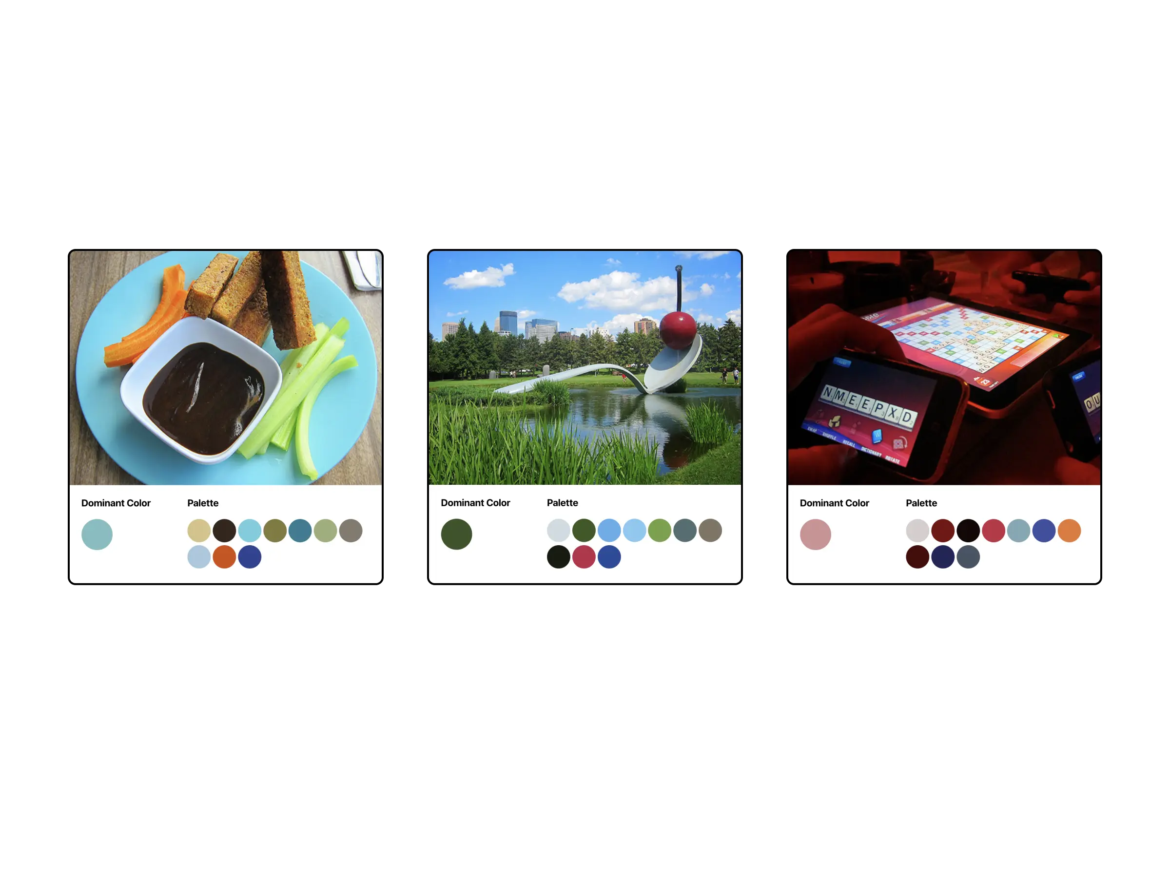 three photographs of diverse subjects, below each is a swatch of color labeled dominant color, and another set of ten color swatched labeled palette