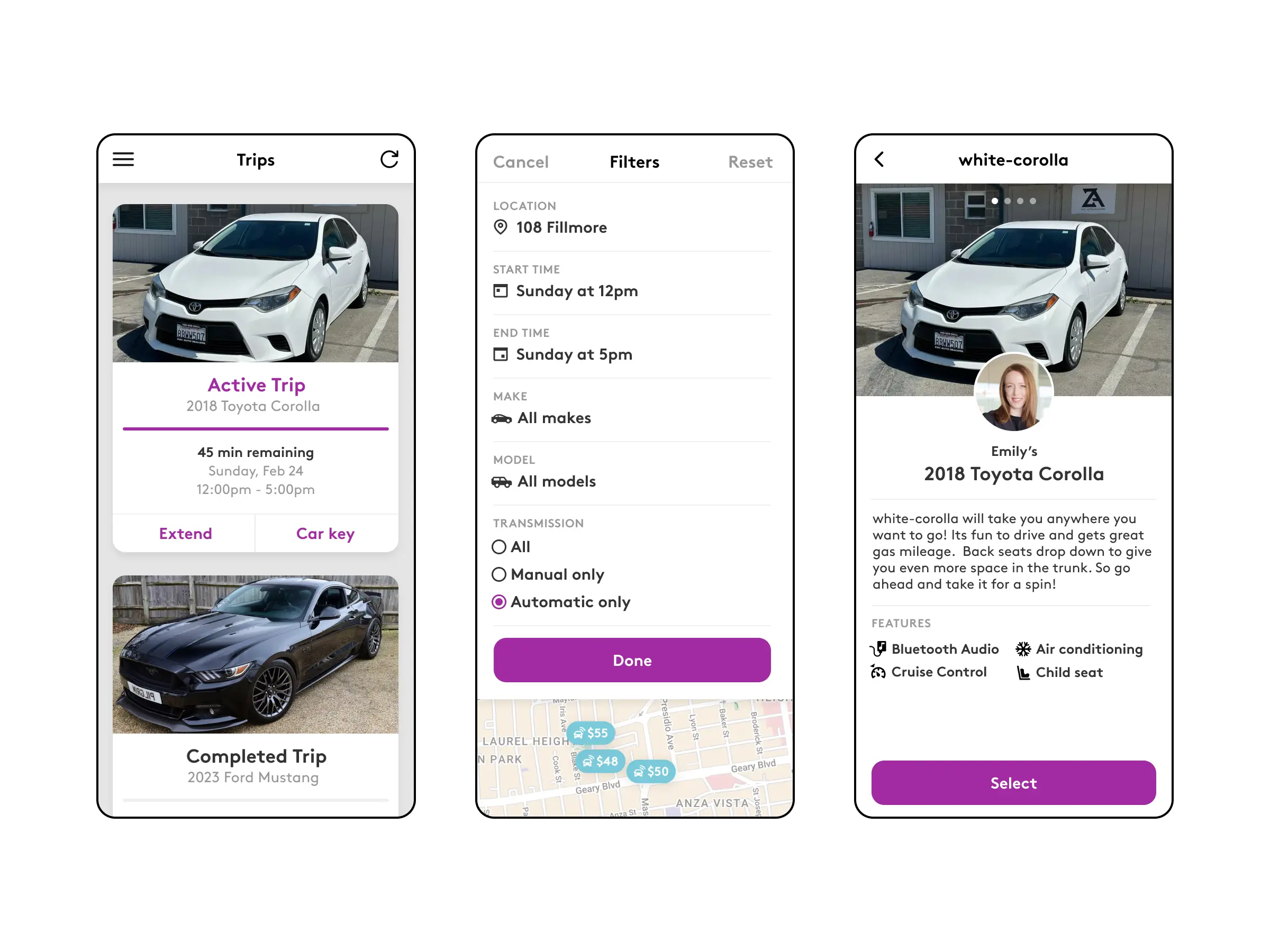 three screenshots of mobile web interfaces from getaround.com showing searching for a car to rent, info on booked trips, and info on a specific car