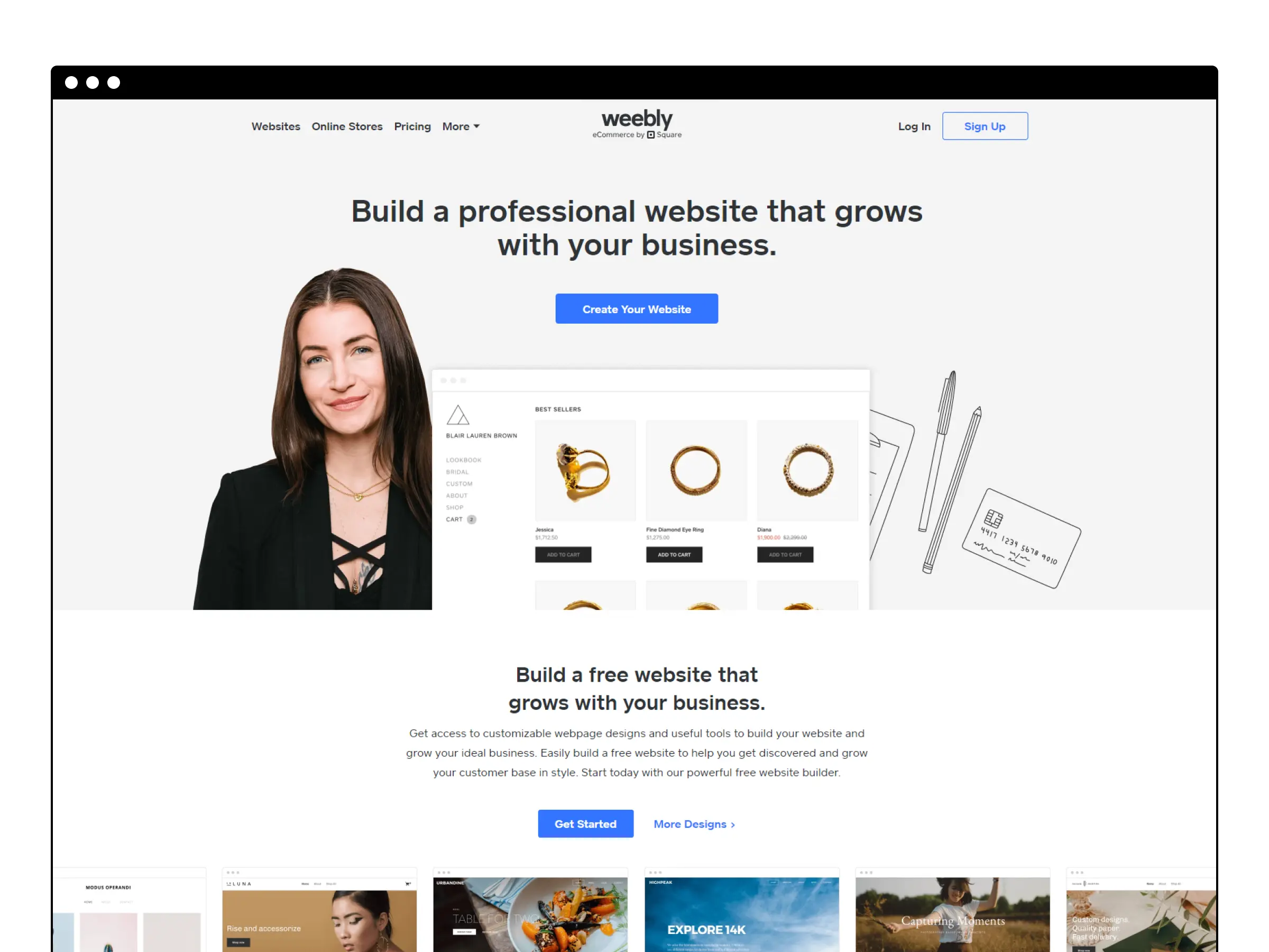 weebly.com homepage screenshot showing a smiling customer and an example website